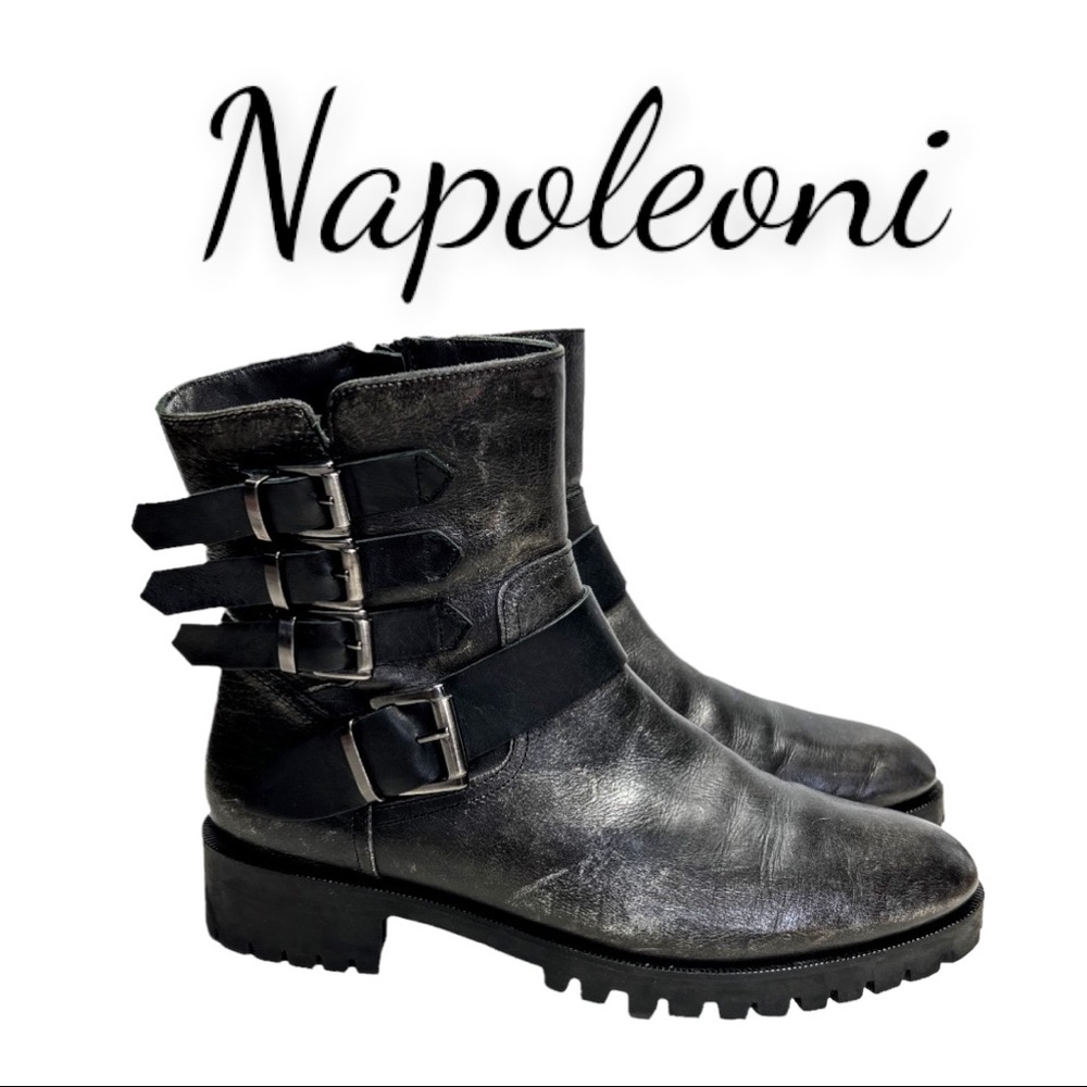 Napoleoni Pewter/Black Genuine Leather Buckle Moto Boots